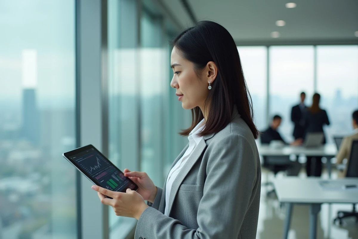 Femme analyste financière consultant un tableau de versements de dividendes sur une tablette dans un bureau moderne