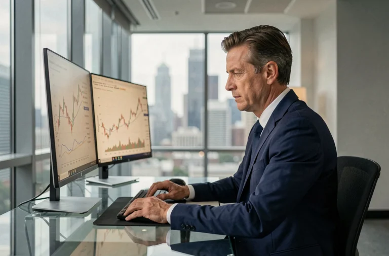Homme d'affaires analysant des graphiques financiers sur ordinateur dans un bureau moderne en ville