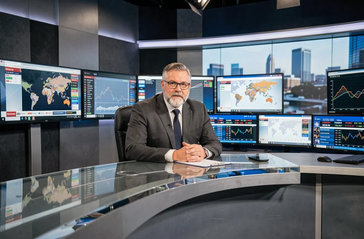 Analyste politique assis dans un studio de télévision professionnel entouré d'écrans d'actualité