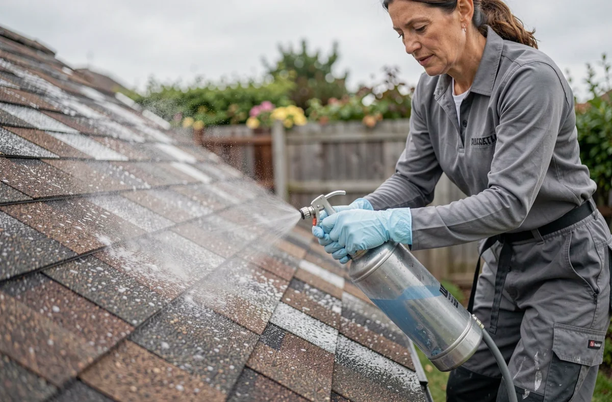 Femme appliquant un produit protecteur hydrofuge sur des bardeaux d'asphalte d'une toiture en shingle avec un pulvérisateur à pompe