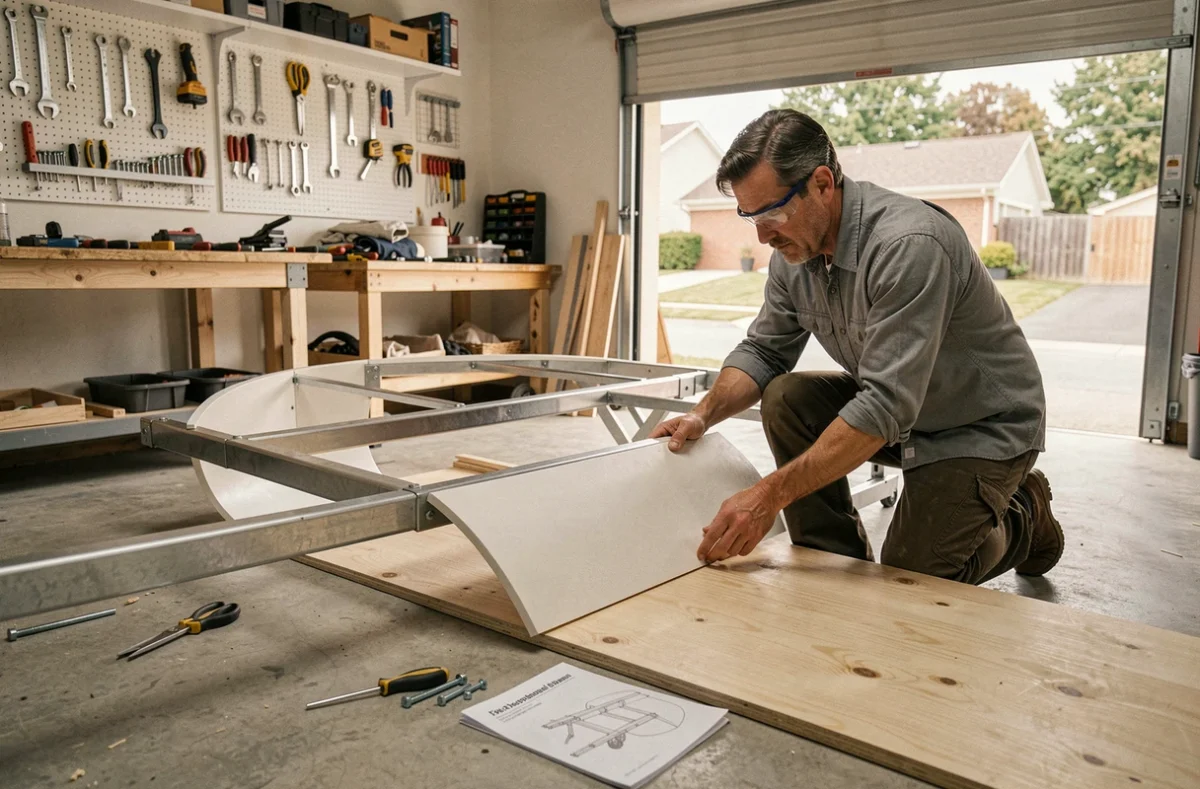 Homme assemblant les panneaux d'une mini-caravane teardrop en kit dans un garage domestique avec outils et pièces détachées