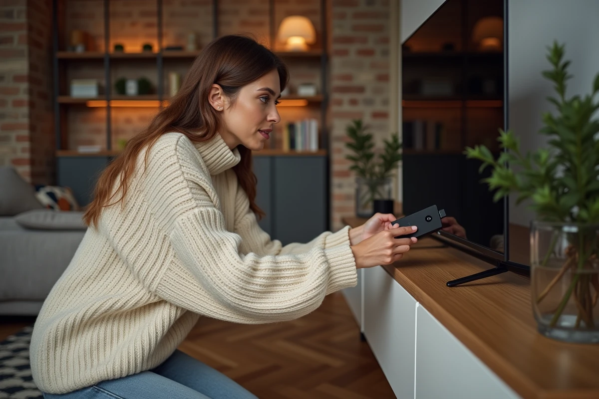 Femme branchant un Mi TV Stick dans le port HDMI d'un téléviseur moderne dans un salon contemporain