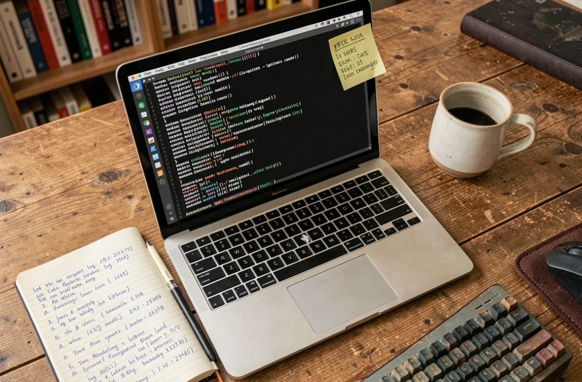 Espace de travail à domicile avec terminal de logs ouvert, notes manuscrites et café sur un bureau en bois