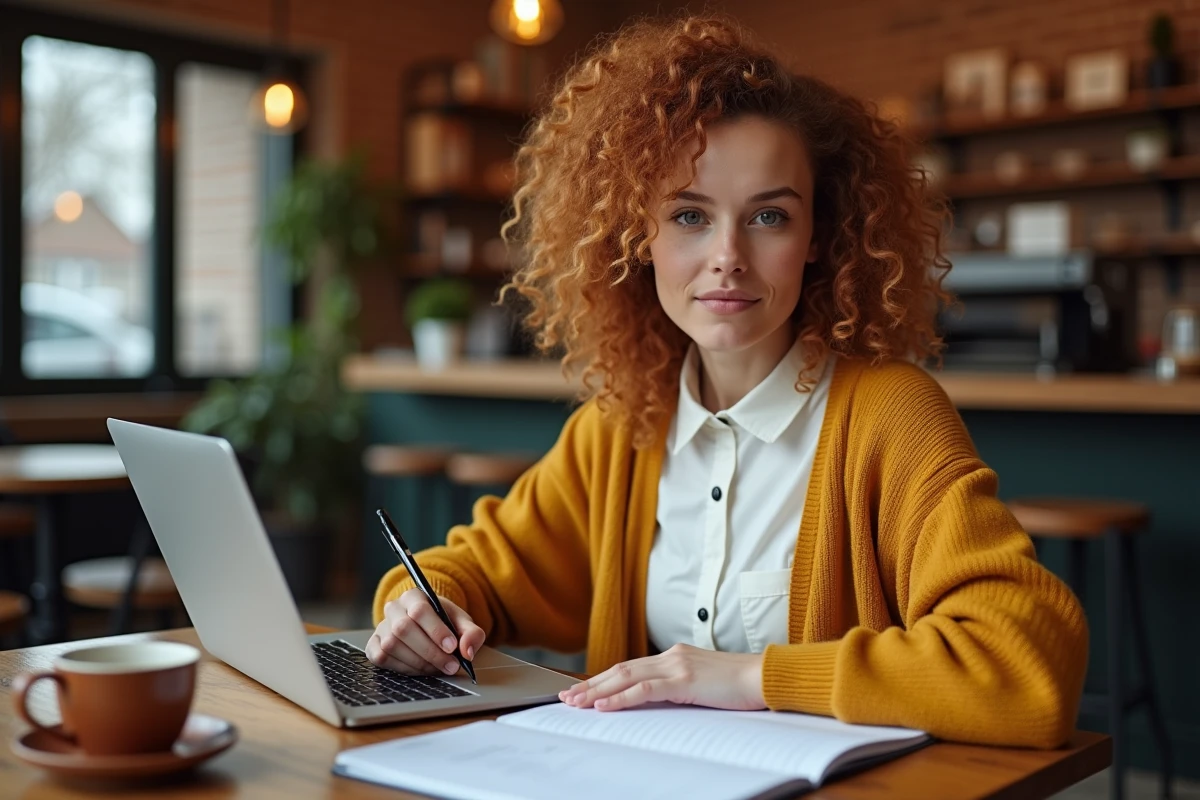 Personne calculant la différence entre deux dates avec un agenda papier et un ordinateur portable dans un café