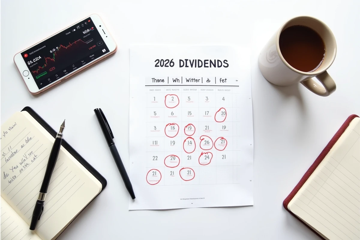 Vue aérienne d'un calendrier de dividendes 2026 imprimé avec stylo, carnet de notes et smartphone sur bureau blanc