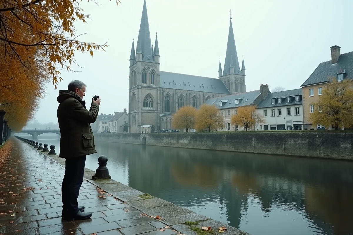 Cathédrale Saint-Corentin de Quimper reflétée dans l'Odet avec promeneur sur les quais en automne