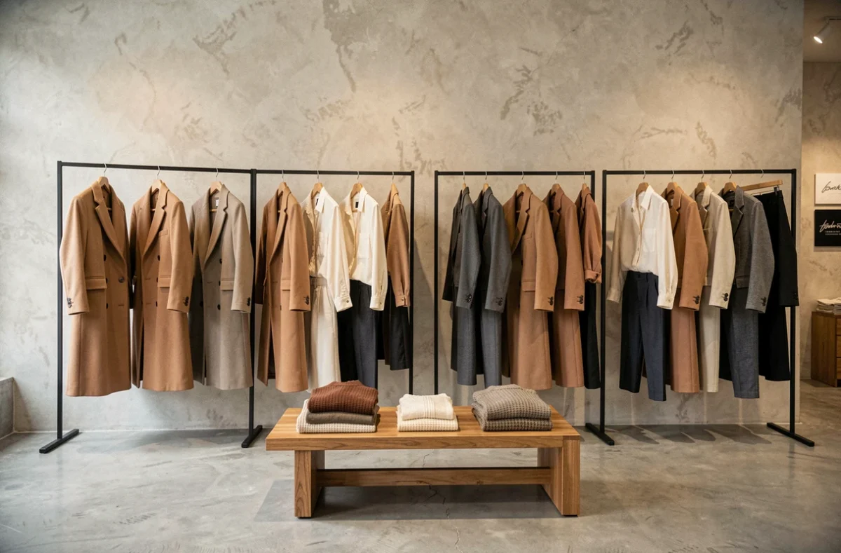 Collection de vêtements Mode Sign exposée dans une boutique élégante aux tons neutres et à l'architecture minimaliste