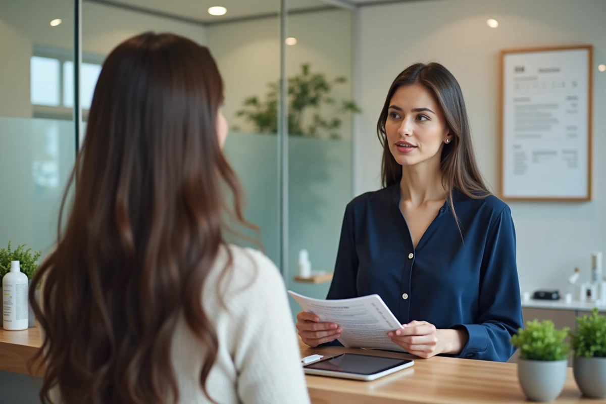 Conseillère en beauté sans CAP esthétique présentant les prestations autorisées à une cliente dans un studio