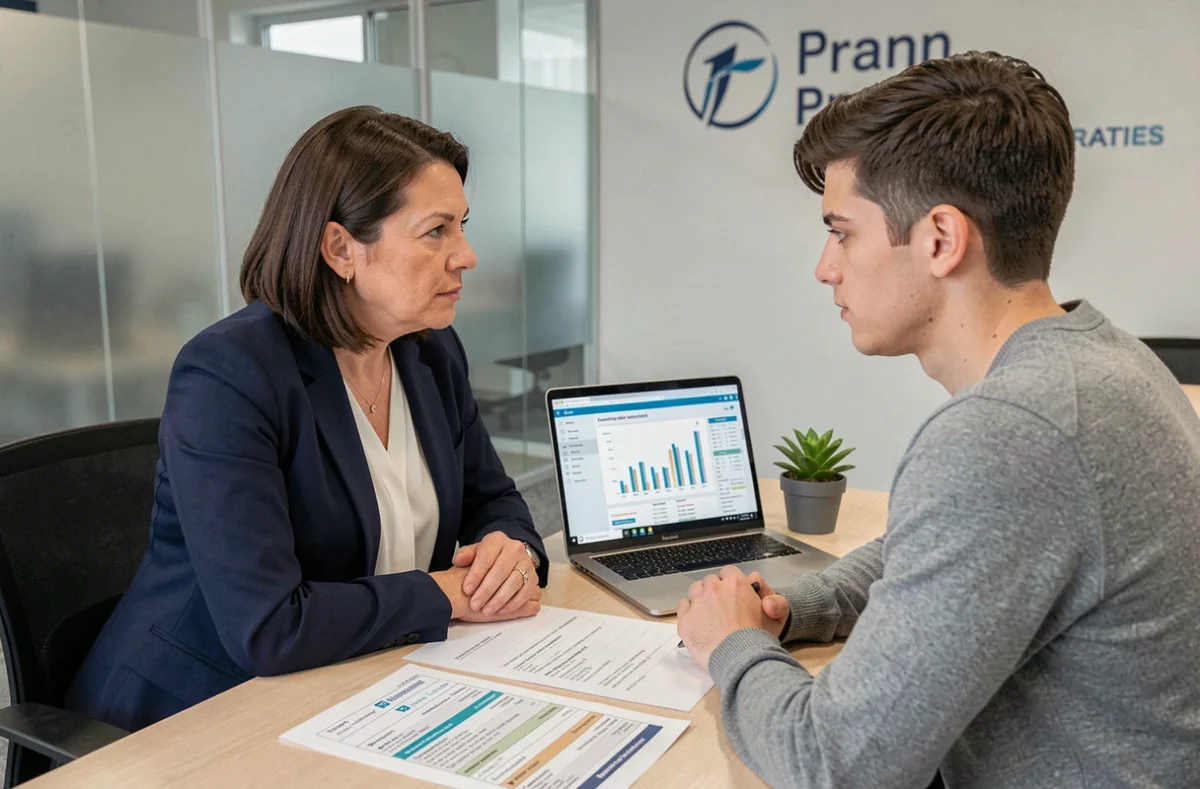 Conseillère bancaire présentant des solutions de financement immobilier à un client dans une agence de crédit en France