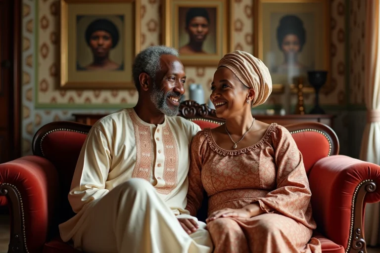 Couple africain traditionnel assis dans leur salon familial