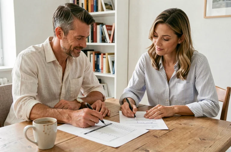 Couple examinant des documents de crédit immobilier à leur table de salle à manger pour financer l'achat d'une maison en France