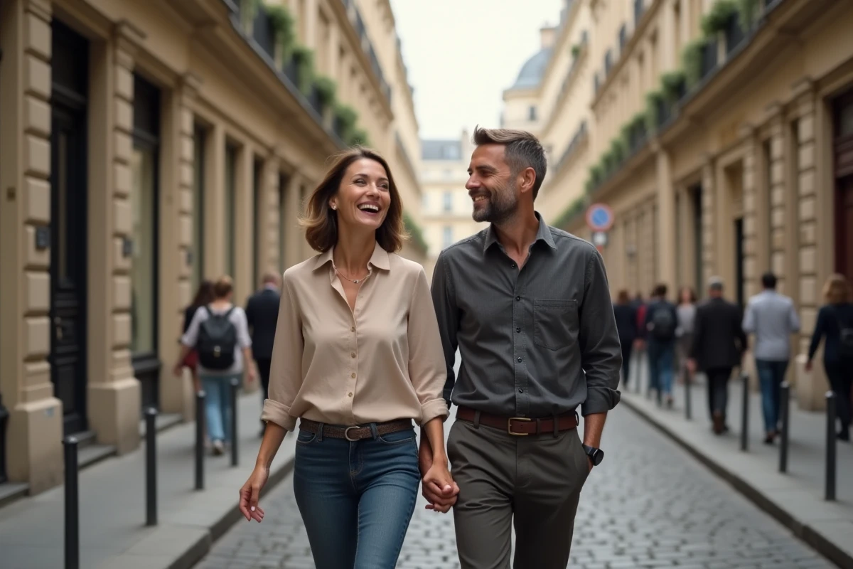 Couple élégant se promenant et riant ensemble dans une rue parisienne aux bâtiments haussmanniens