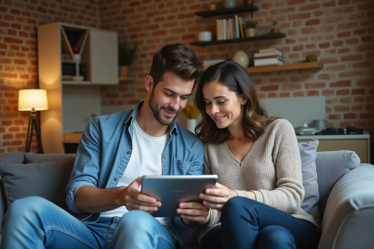 Couple de locataires parisiens lisant des avis de locataires sur Locannonces dans leur appartement