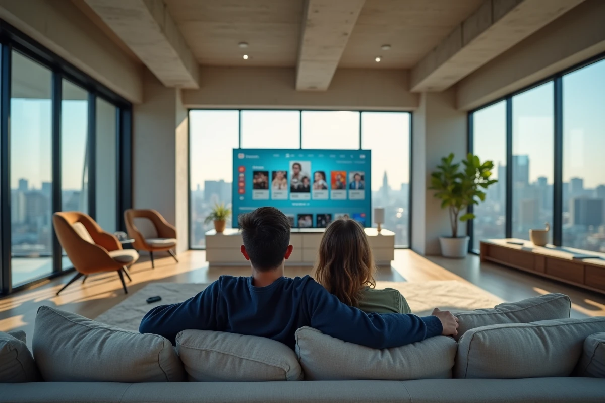 Couple regardant des chaînes TV en streaming sur un écran connecté au Mi TV Stick dans un appartement moderne