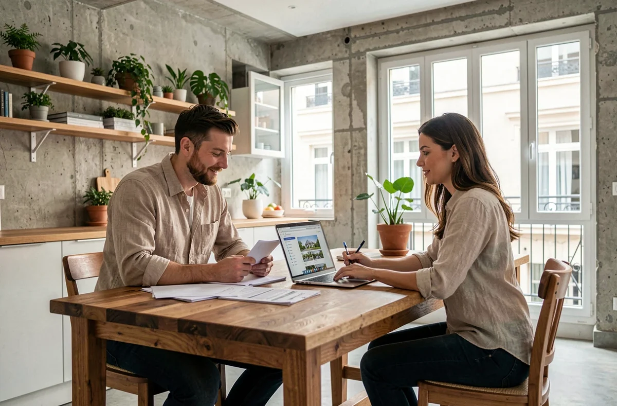 Couple étudiant des documents immobiliers et des annonces en ligne dans un appartement rénové français