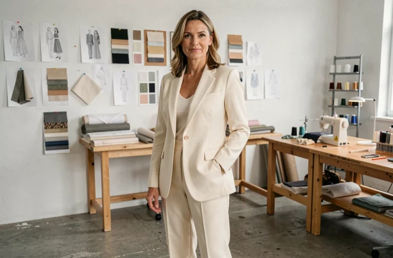 Créatrice de mode dans un atelier minimaliste entourée de maquettes et tissus pour la marque Mode Sign
