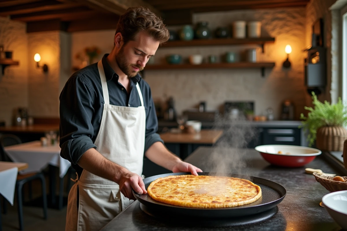 Chef breton préparant une galette de sarrasin dans une crêperie traditionnelle de Quimper