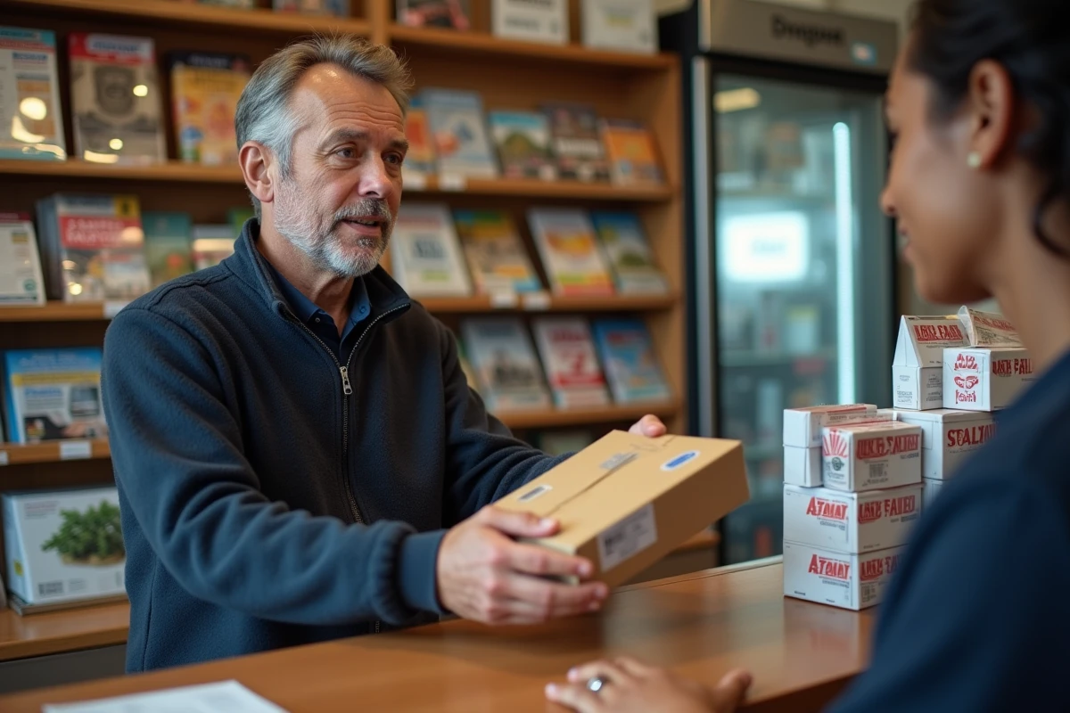 Client déposant un colis Chronopost au comptoir d'un bureau de tabac point relais