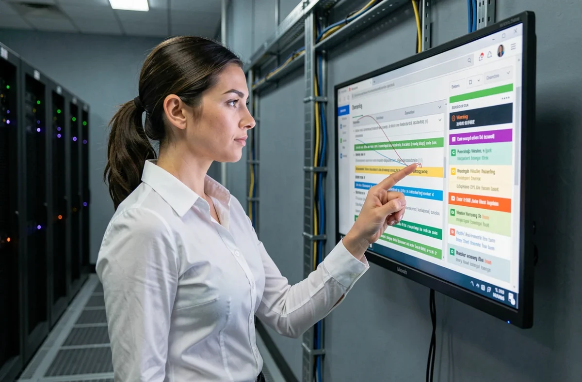 Développeuse consultant un tableau de bord de logs dans une salle de serveurs professionnelle