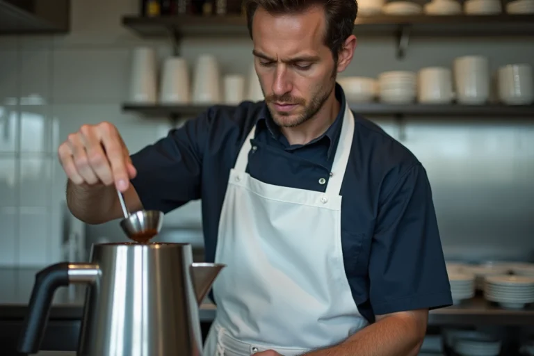 Barista professionnel dosant précisément le café en grains pour un grand percolateur de traiteur lors d'un événement de 30 personnes