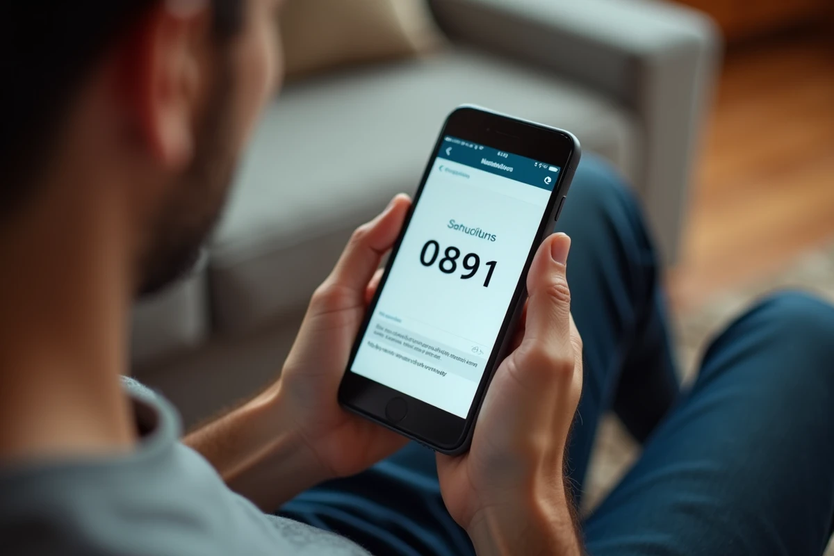 Écran de smartphone affichant un numéro 0891 avec informations tarifaires sur un site de service client