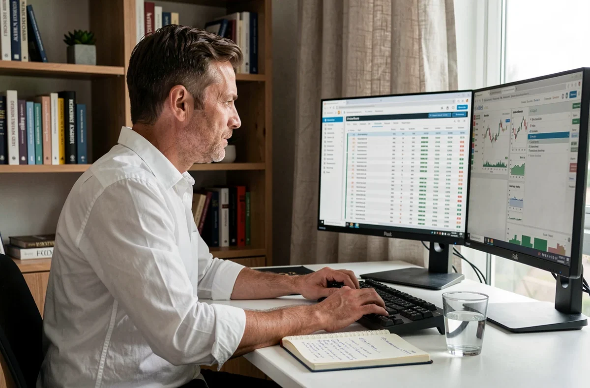 Entrepreneur travaillant seul depuis son bureau à domicile sur des tableaux de bord d'investissement et des analyses financières en 2024