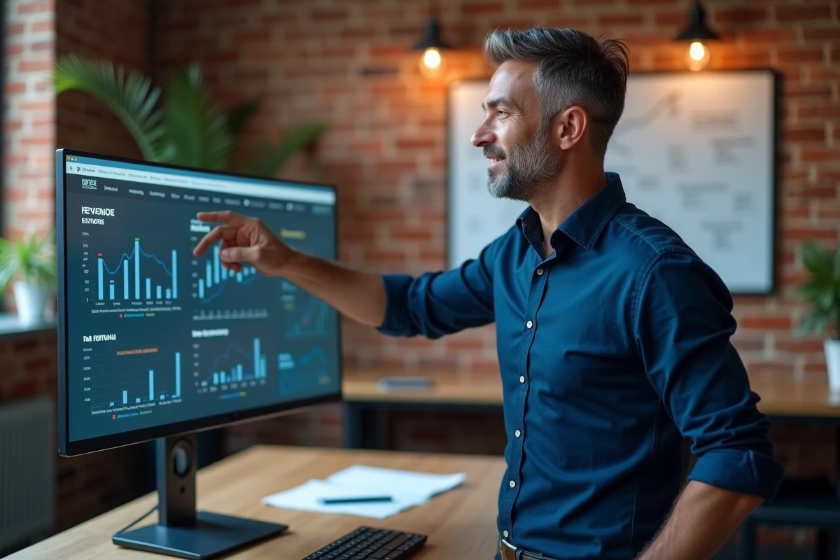 Entrepreneur analysant des statistiques de revenus en ligne sur un grand écran dans un bureau de startup