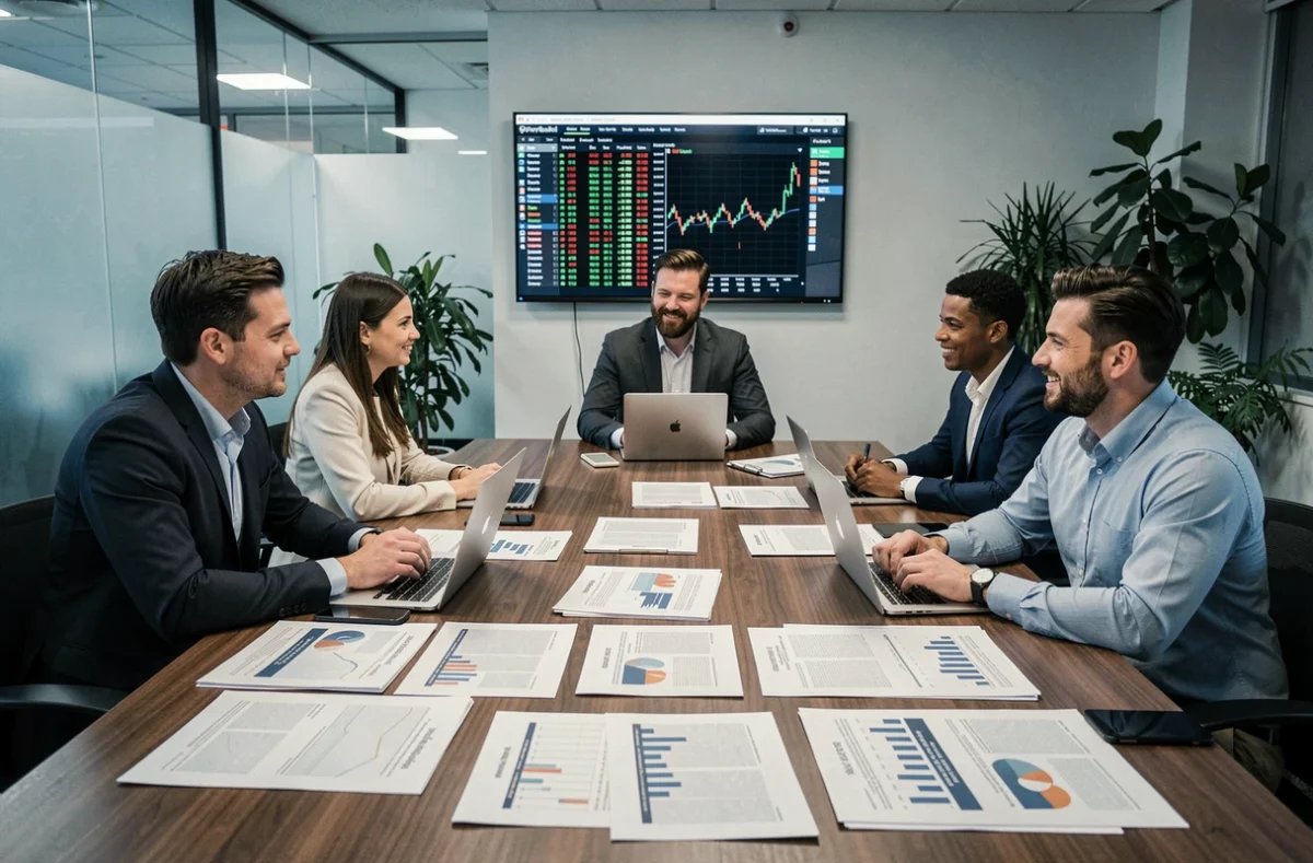 Équipe de professionnels de la finance analysant des rapports financiers en salle de réunion