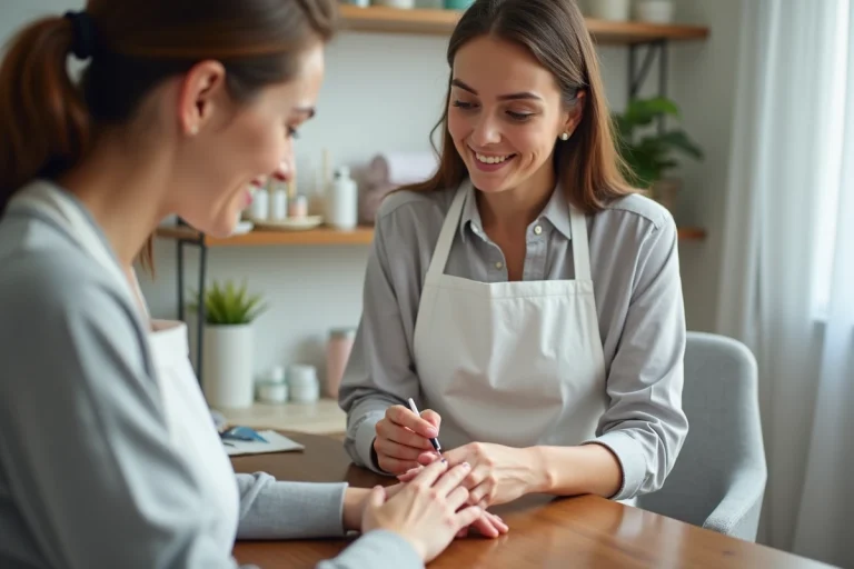 Esthéticienne sans CAP réalisant une pose de vernis à ongles sur une cliente dans un salon à domicile