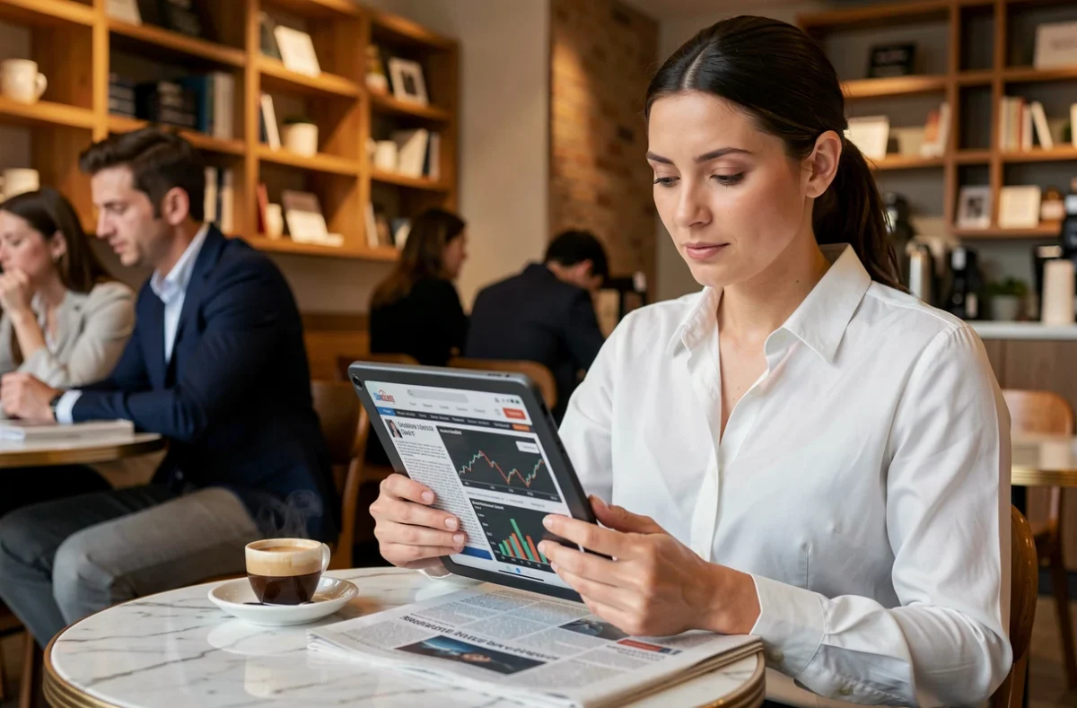 Femme professionnelle consultant les actualités financières sur tablette dans un café moderne
