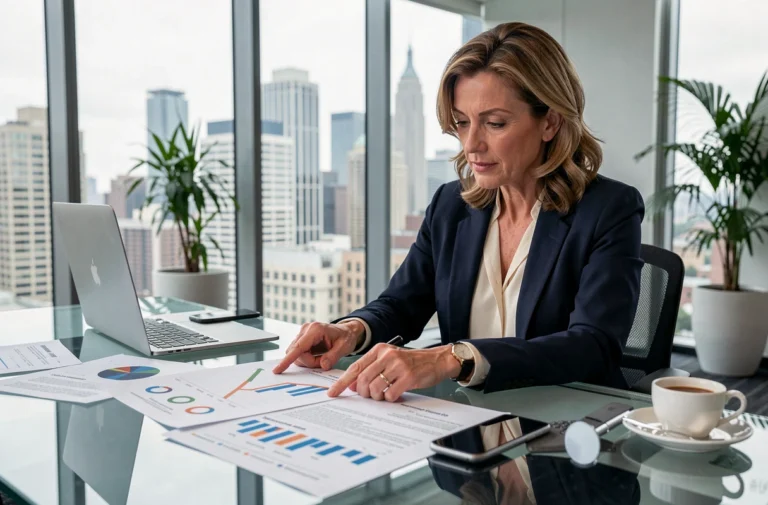 Femme d'affaires analyant des graphiques financiers dans un bureau moderne pour optimiser ses investissements en entreprise