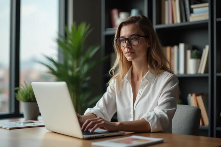 Femme concentrée travaillant sur son ordinateur dans un bureau moderne