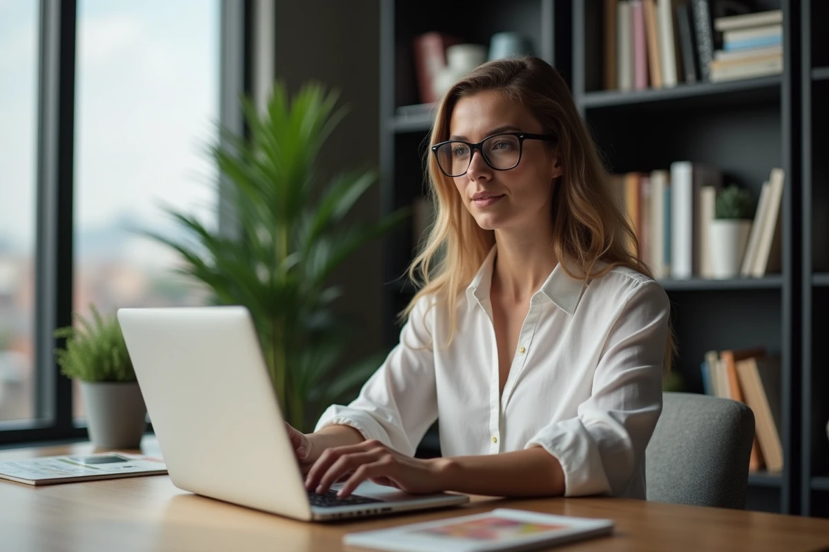 Femme concentrée travaillant sur son ordinateur dans un bureau moderne