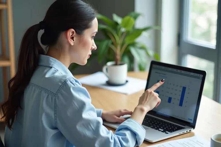 Femme utilisant un calculateur de différence entre deux dates sur un ordinateur portable dans un bureau à domicile