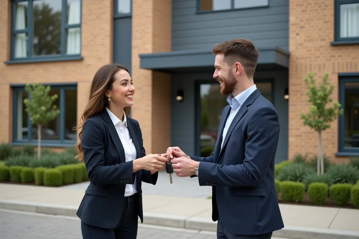 Jeune femme remet des clés à un couple devant un immeuble
