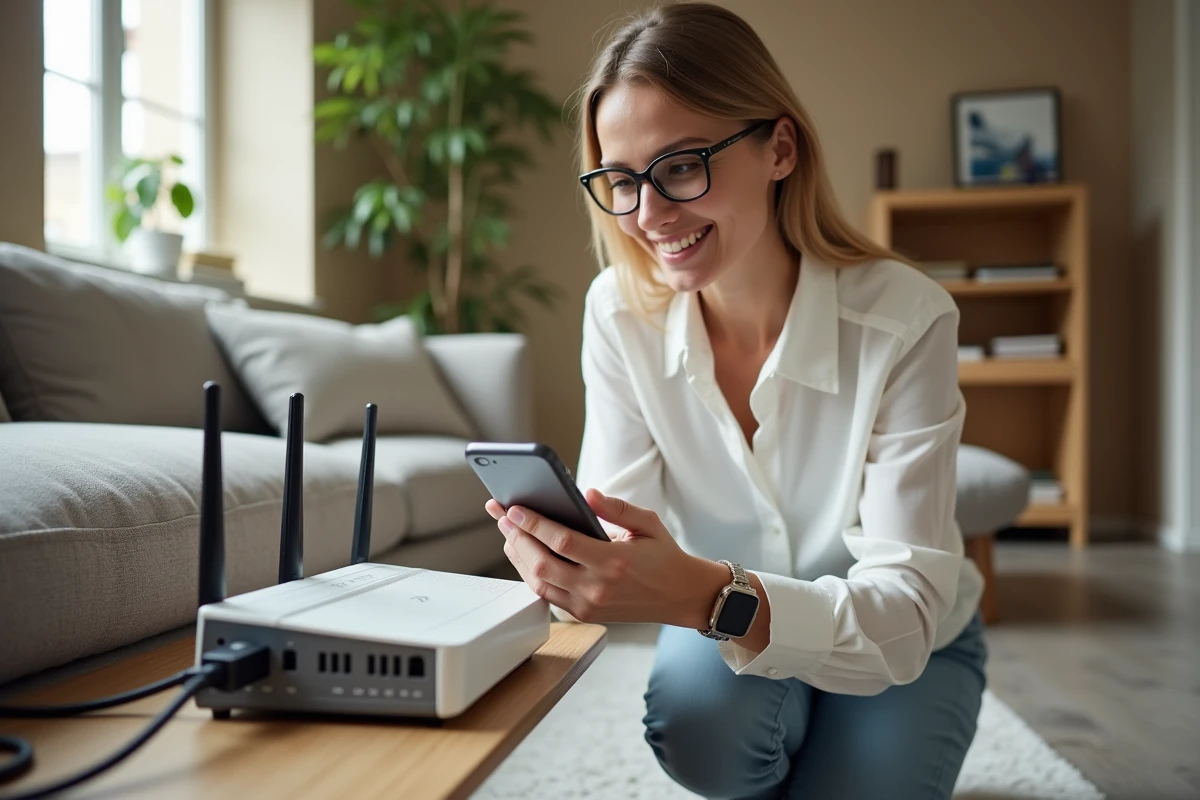 Femme configurant un routeur domestique et consultant les paramètres réseau IP sur son smartphone dans un salon moderne