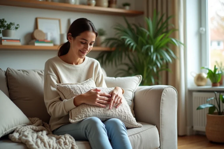 Femme arrangeant des coussins sur un canapé moderne dans un salon lumineux