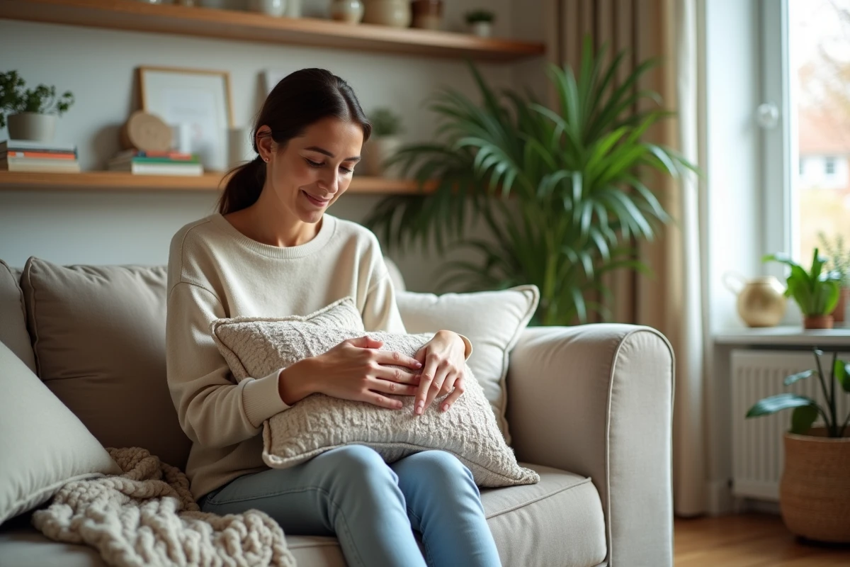 Femme arrangeant des coussins sur un canapé moderne dans un salon lumineux