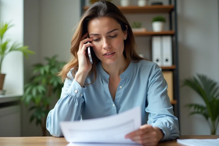 Femme consultant sa facture téléphonique en appelant un numéro 0891 depuis son domicile
