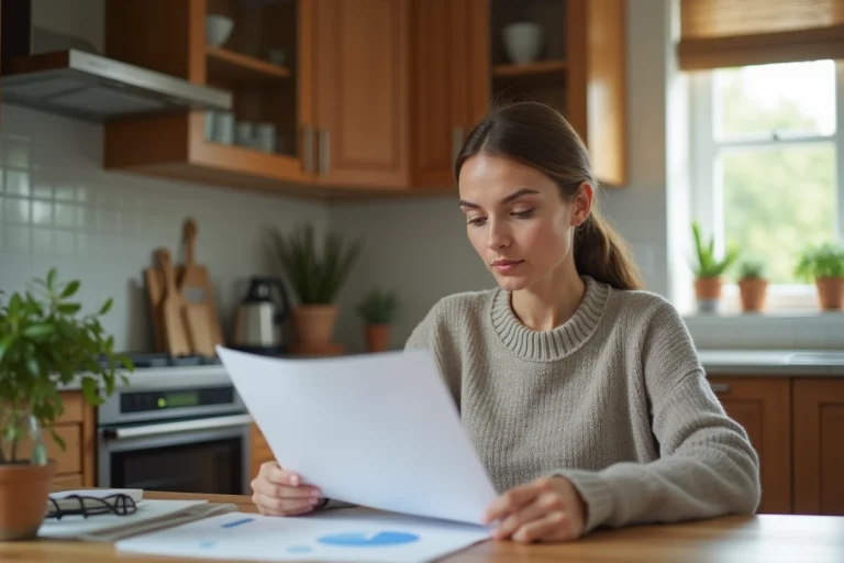 Femme concentrée sur ses documents financiers dans la cuisine