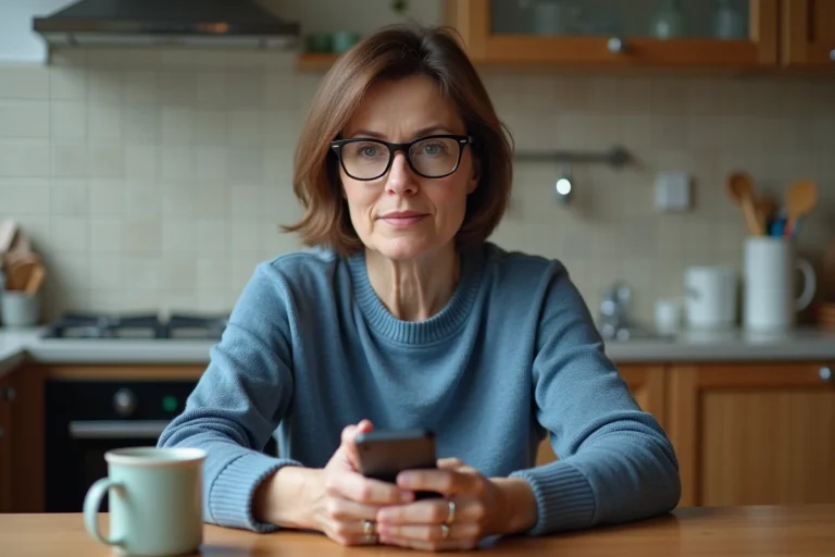 Femme d'âge moyen utilisant un téléphone portable à la maison