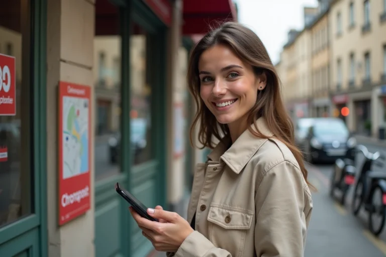 Femme consultant une application de localisation sur smartphone devant un point relais Chronopost en ville