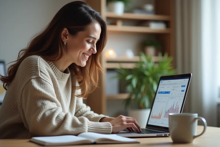 Femme en télétravail consultant des graphiques financiers sur un ordinateur portable dans un bureau à domicile moderne
