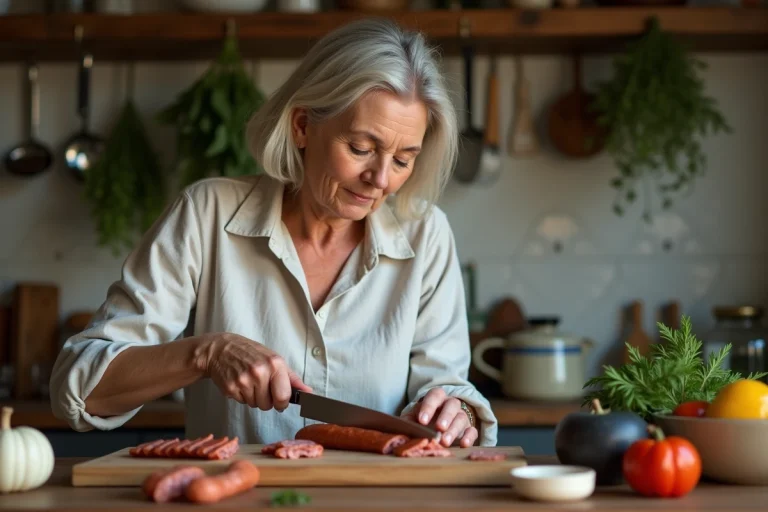 Femme française tranche une saucisse Montbéliard dans une cuisine rustique
