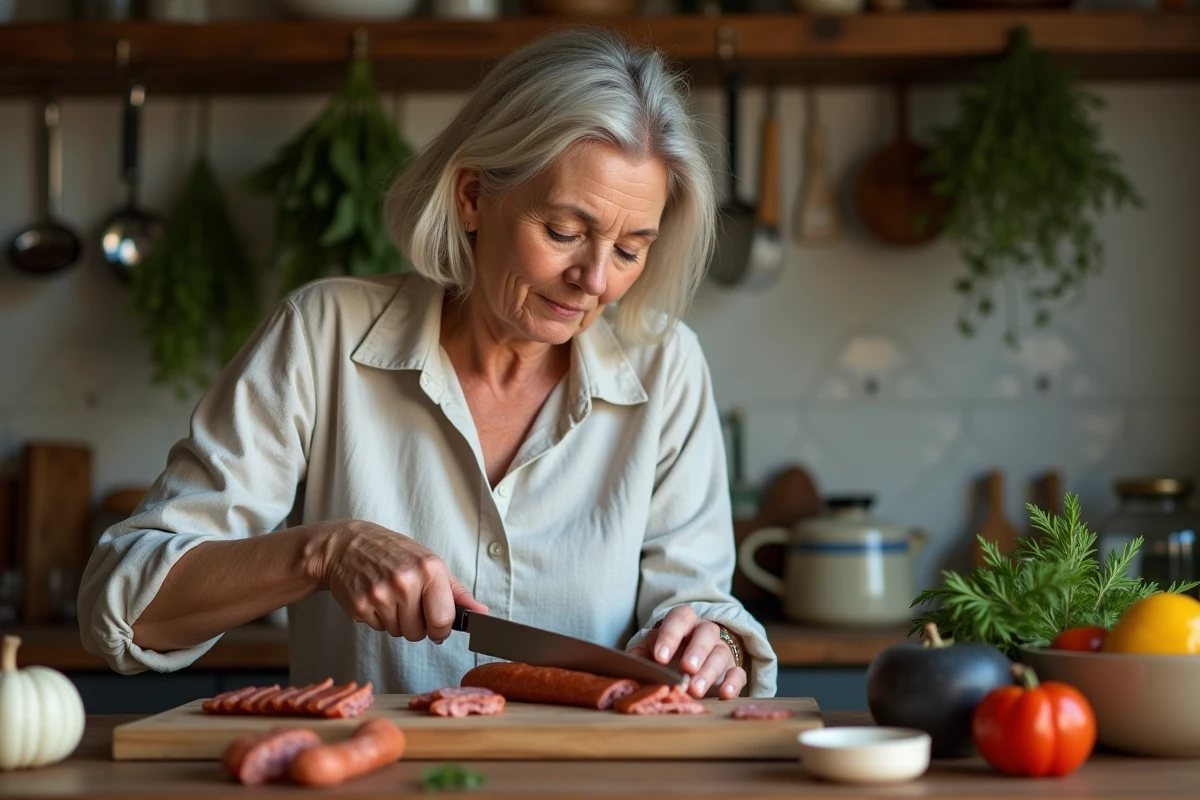Femme française tranche une saucisse Montbéliard dans une cuisine rustique