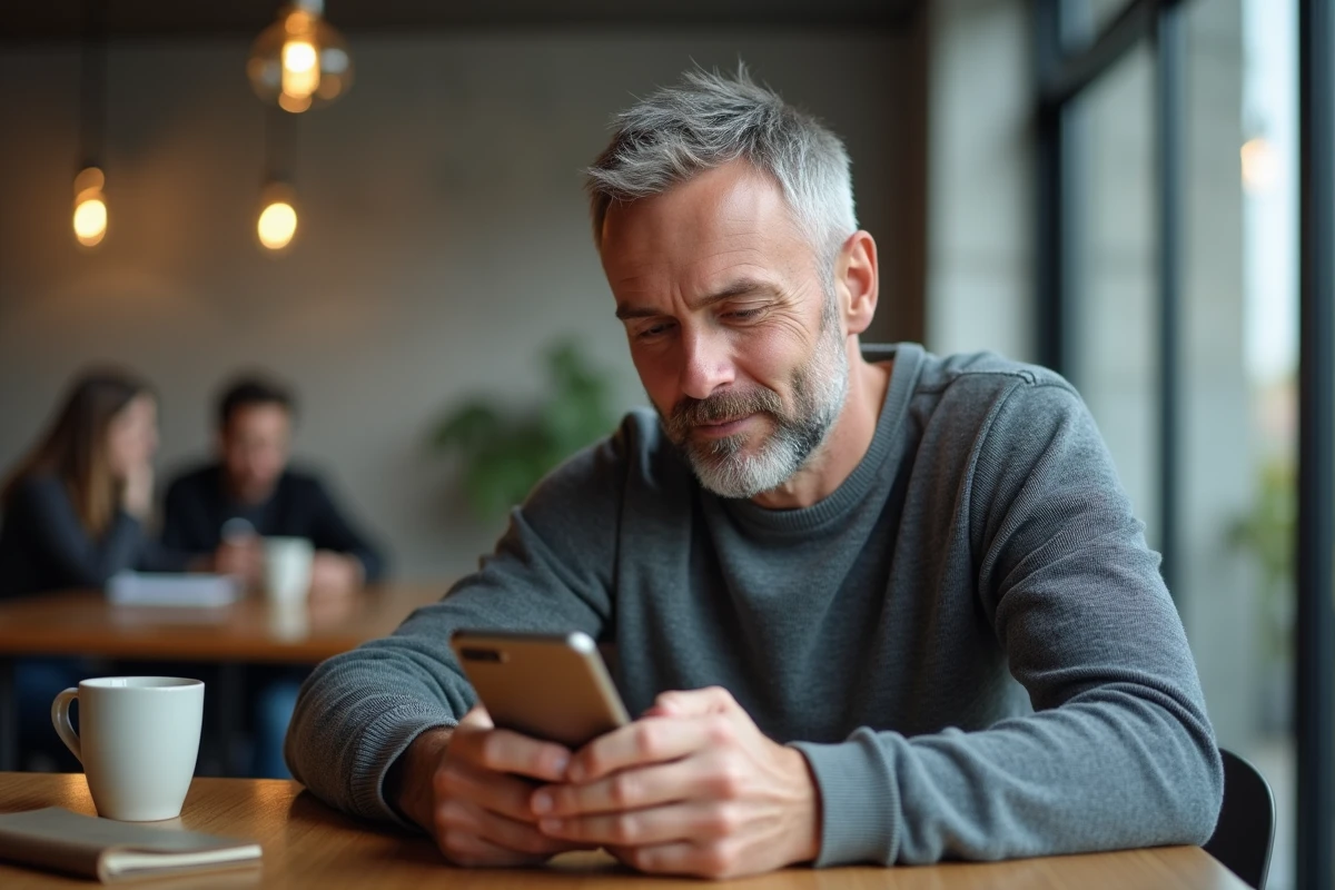 Homme consultant une application de calcul de durée entre deux dates sur son smartphone dans un espace de coworking
