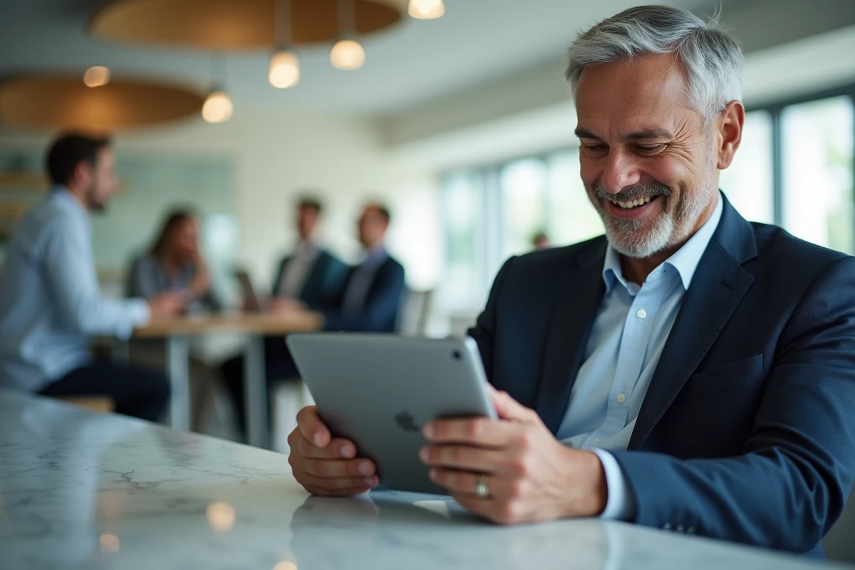 Homme d affaires consultant sa banque sur une tablette dans un lobby
