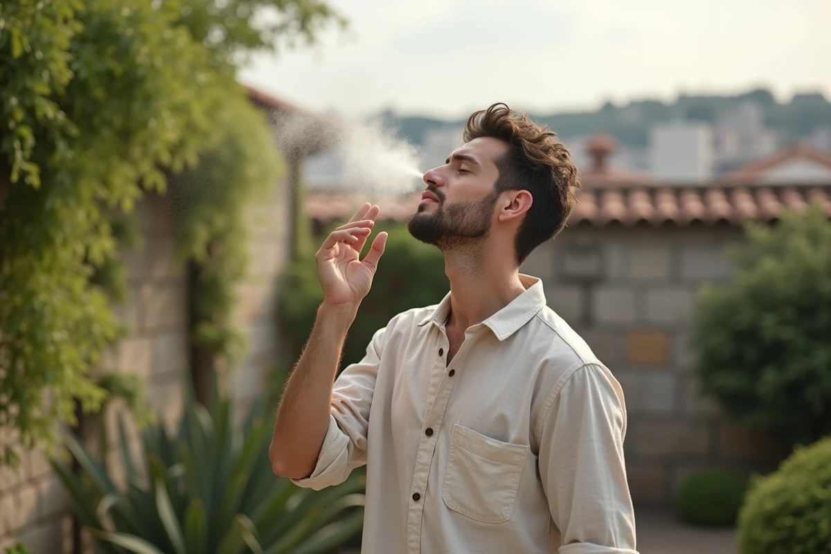 Homme appliquant une brume facial en plein air