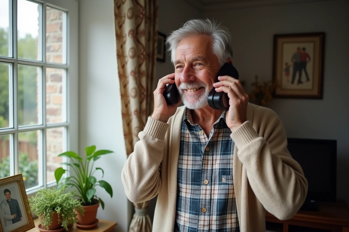 Homme senior écoutant un téléphone portable dans son salon