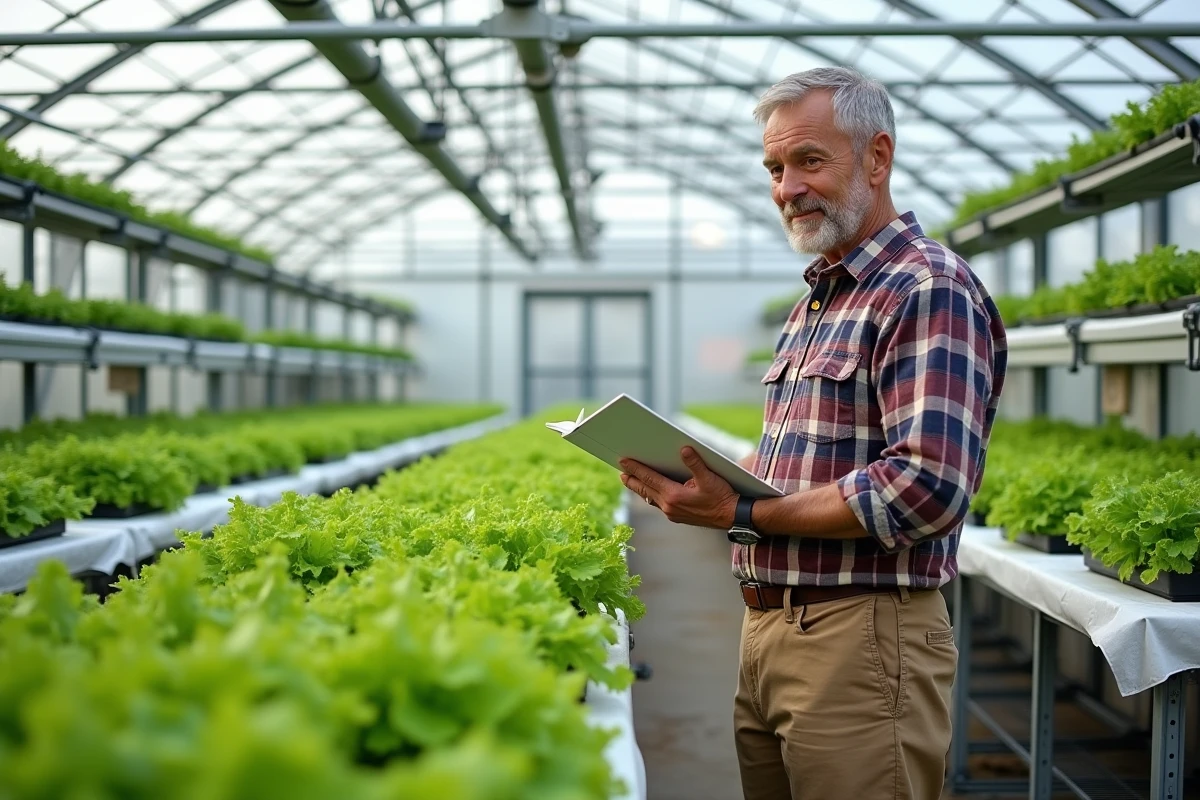 Homme en hydroponie vérifiant ses cultures de légumes